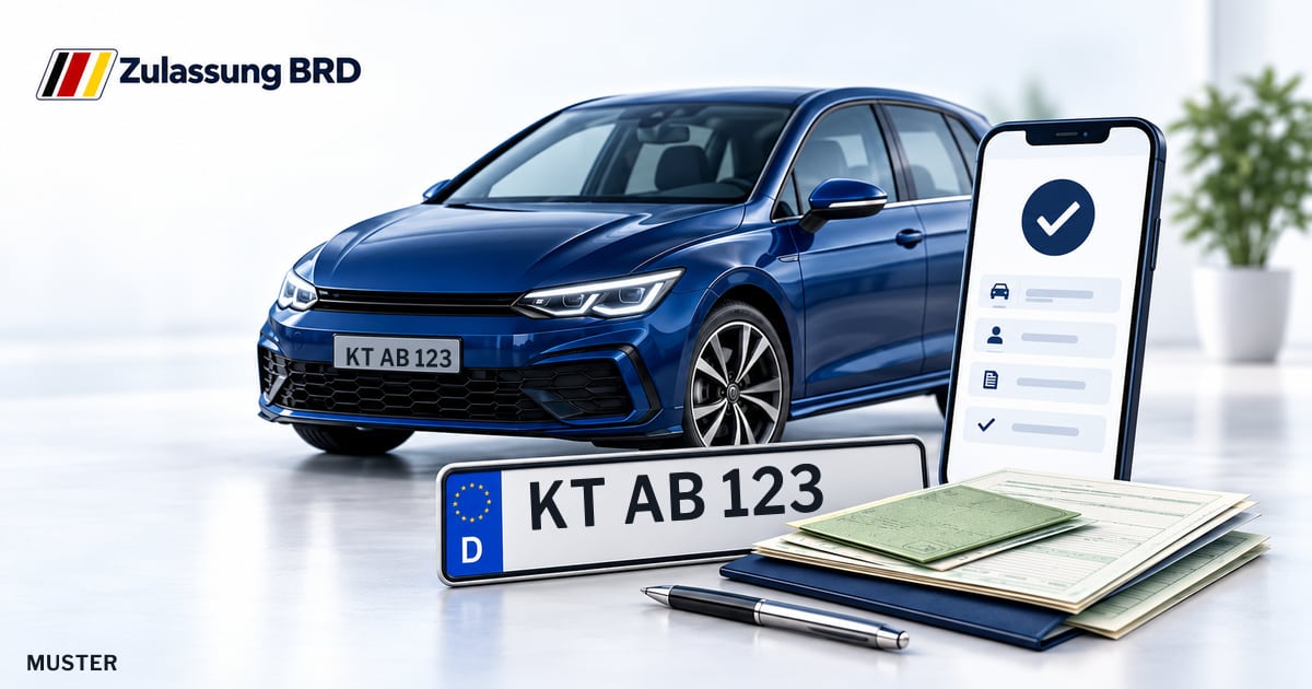 Online Fahrzeugzulassung in Landkreis Kitzingen: Musterkennzeichen KT AB 123, Auto und Fahrzeugpapiere und Smartphone. Illustration mit Logo von Zulassung BRD.